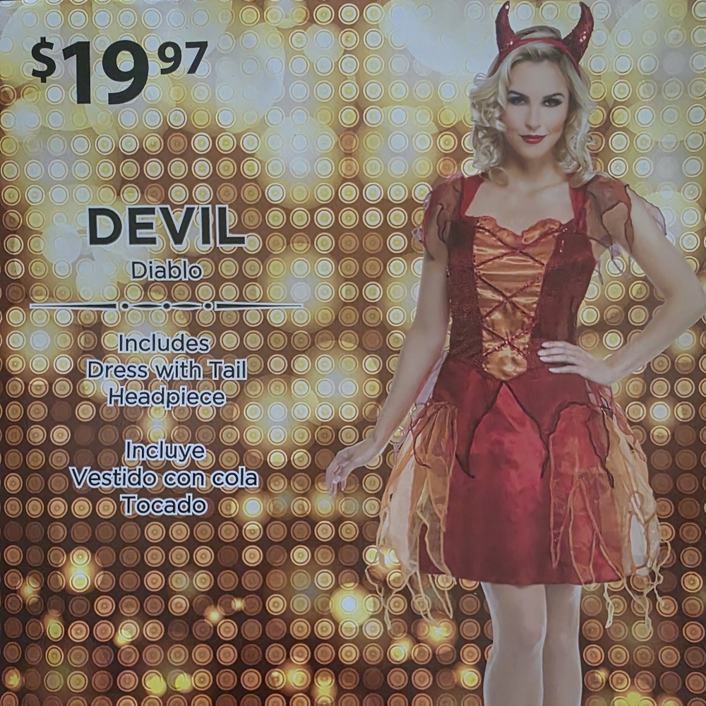 Devil Costume with Headband- Juniors Size Large - Red and Orange With Sequins